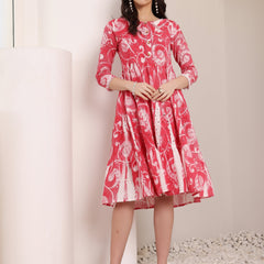 Cotton Schiffli Hand Printed Tiered A-Line Dress