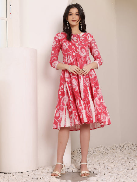 Cotton Schiffli Hand Printed Tiered A-Line Dress