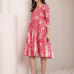 Cotton Schiffli Hand Printed Tiered A-Line Dress