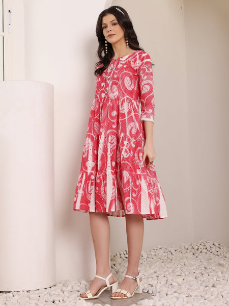 Cotton Schiffli Hand Printed Tiered A-Line Dress