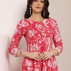 Cotton Schiffli Hand Printed Tiered A-Line Dress