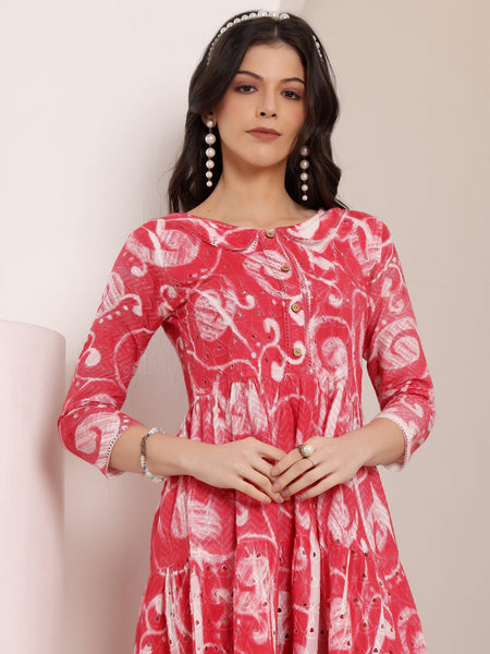 Cotton Schiffli Hand Printed Tiered A-Line Dress