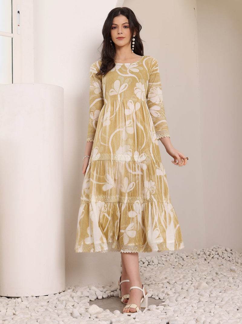 Cotton Hand Printed Tiered A-Line Dress