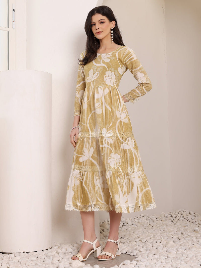 Cotton Hand Printed Tiered A-Line Dress