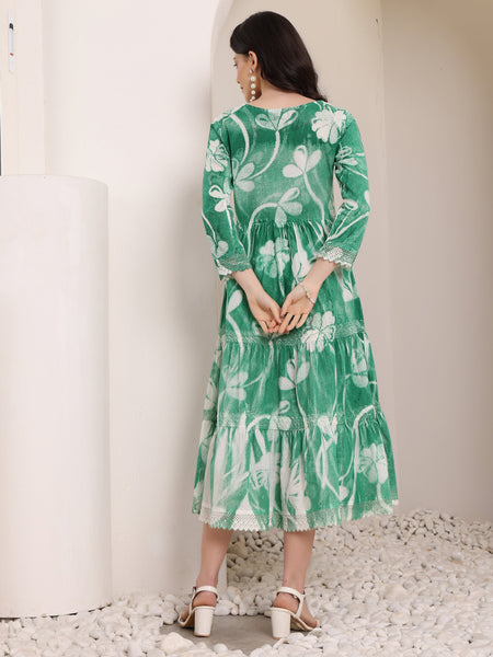 Cotton Hand Printed Tiered A-Line Dress