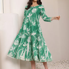 Cotton Hand Printed Tiered A-Line Dress