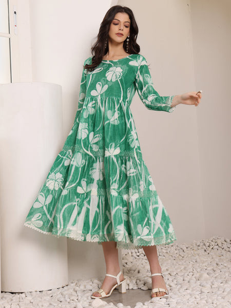 Cotton Hand Printed Tiered A-Line Dress