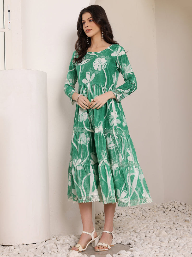 Cotton Hand Printed Tiered A-Line Dress