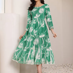Cotton Hand Printed Tiered A-Line Dress