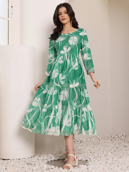Cotton Hand Printed Tiered A-Line Dress