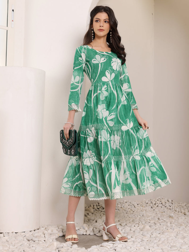 Cotton Hand Printed Tiered A-Line Dress