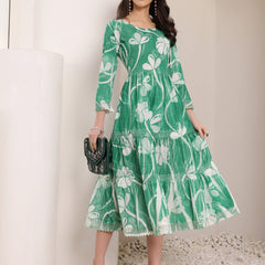 Cotton Hand Printed Tiered A-Line Dress