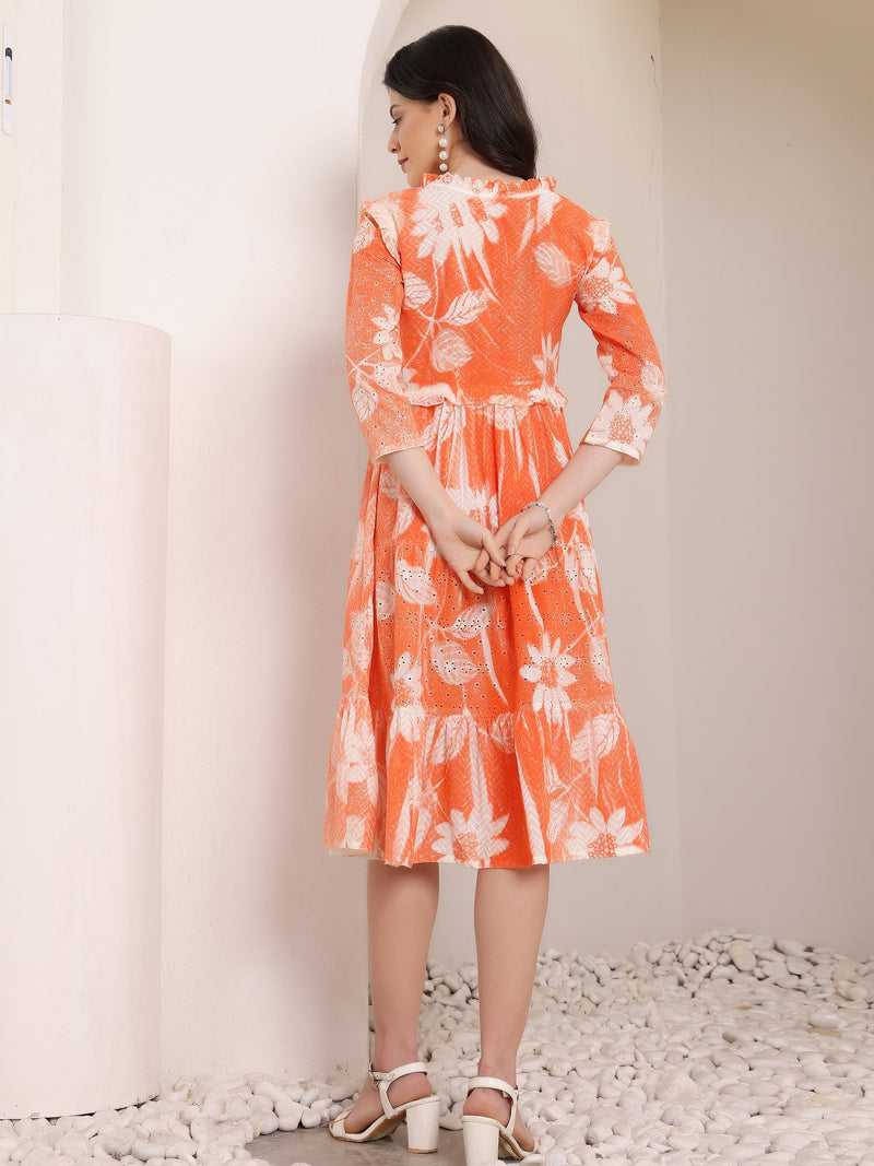 Cotton Schiffli Hand Printed Tiered A-Line Dress