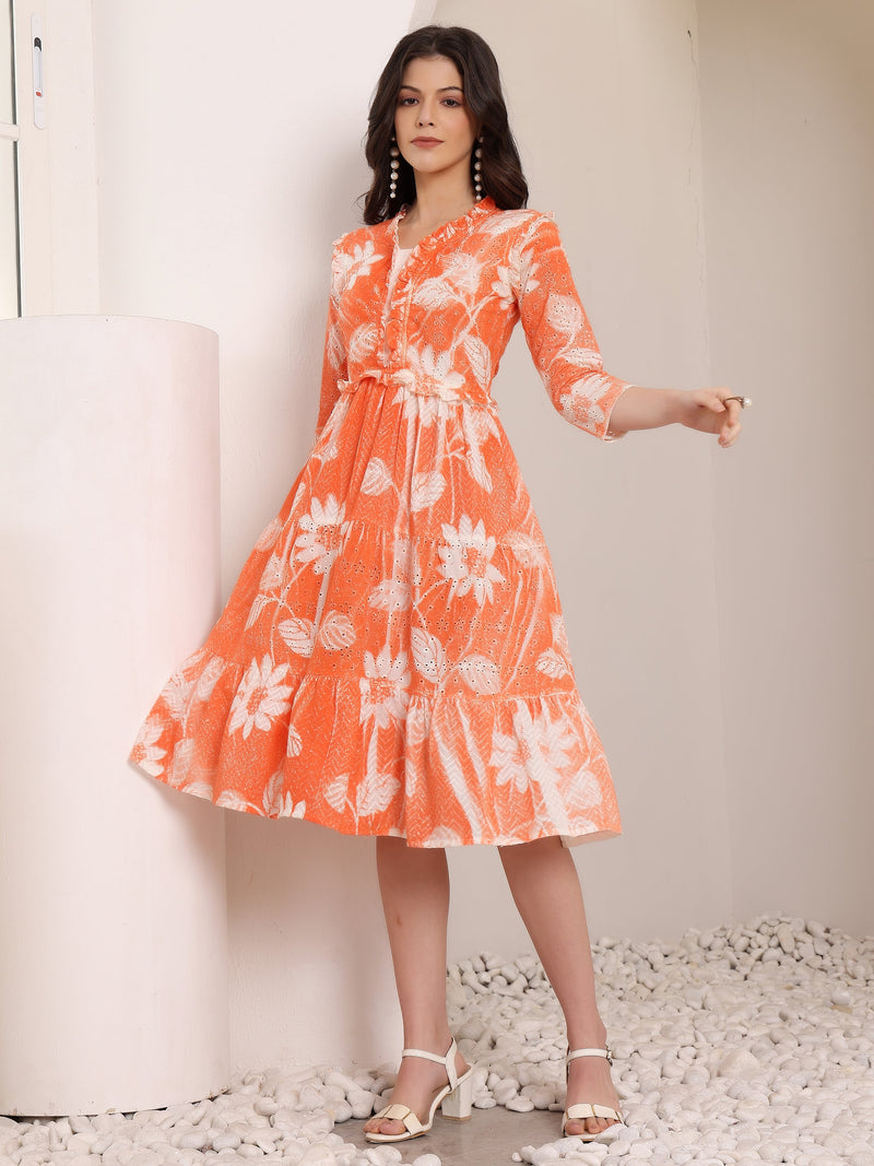 Cotton Schiffli Hand Printed Tiered A-Line Dress