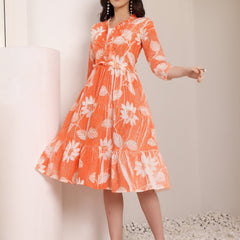 Cotton Schiffli Hand Printed Tiered A-Line Dress