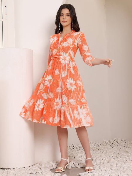 Cotton Schiffli Hand Printed Tiered A-Line Dress