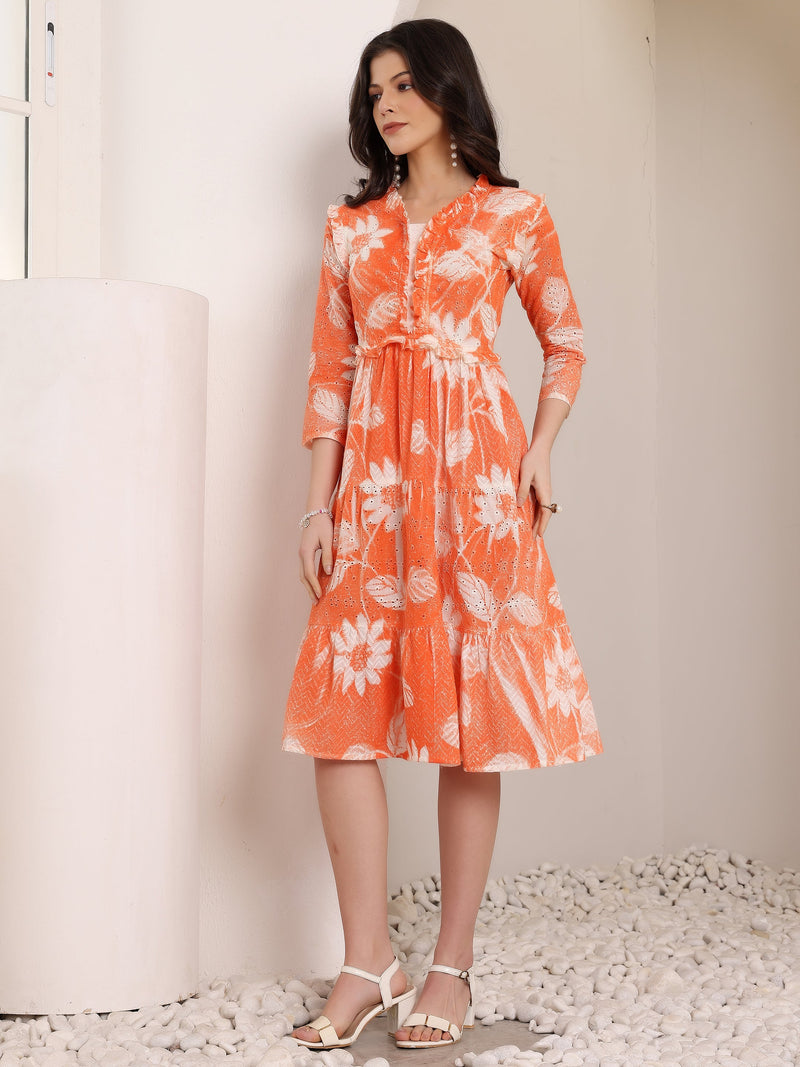 Cotton Schiffli Hand Printed Tiered A-Line Dress