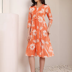 Cotton Schiffli Hand Printed Tiered A-Line Dress