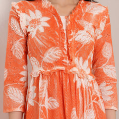 Cotton Schiffli Hand Printed Tiered A-Line Dress