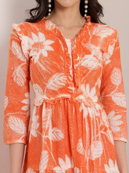 Cotton Schiffli Hand Printed Tiered A-Line Dress