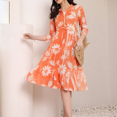 Cotton Schiffli Hand Printed Tiered A-Line Dress