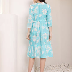 Cotton Schiffli Hand Printed Tiered A-Line Dress