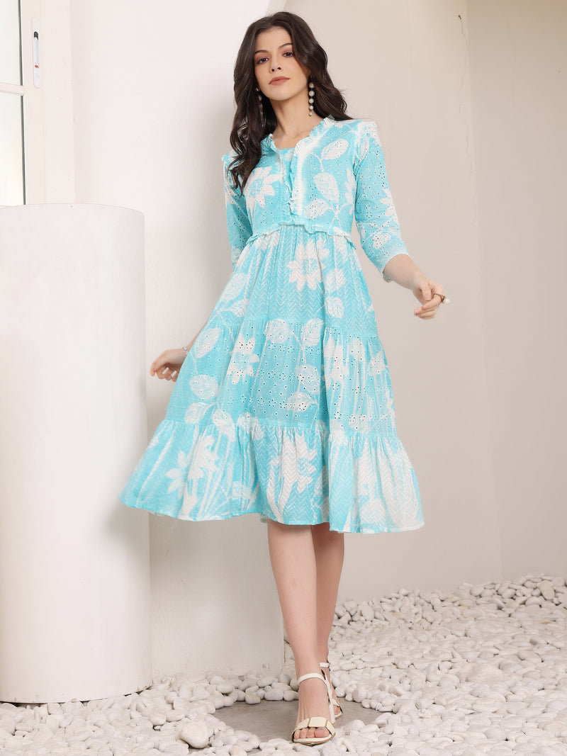 Cotton Schiffli Hand Printed Tiered A-Line Dress
