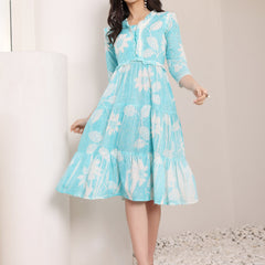 Cotton Schiffli Hand Printed Tiered A-Line Dress