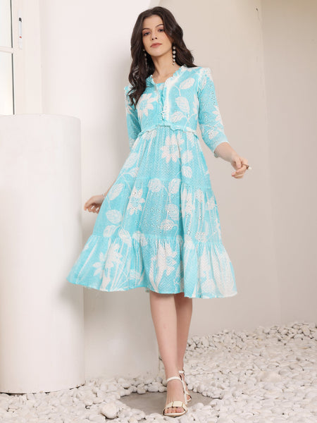 Cotton Schiffli Hand Printed Tiered A-Line Dress