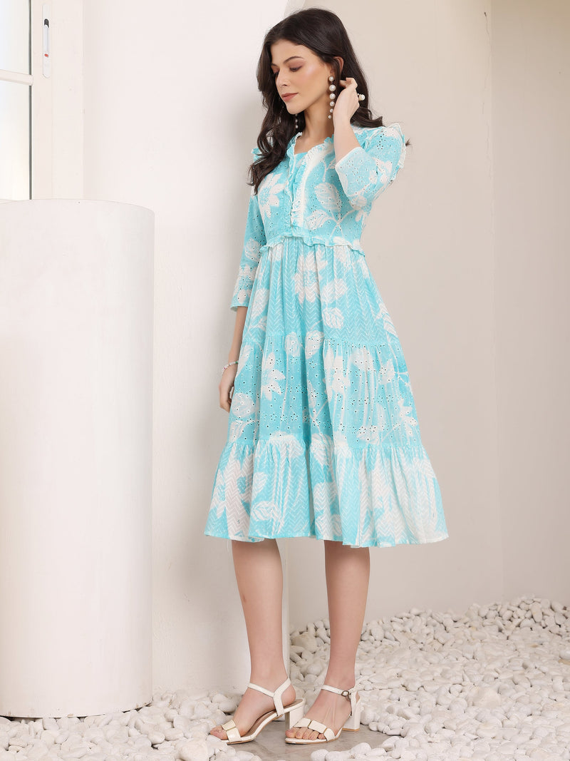 Cotton Schiffli Hand Printed Tiered A-Line Dress