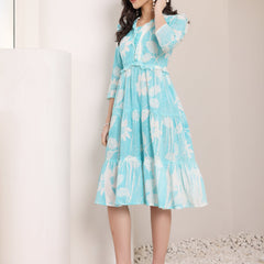 Cotton Schiffli Hand Printed Tiered A-Line Dress