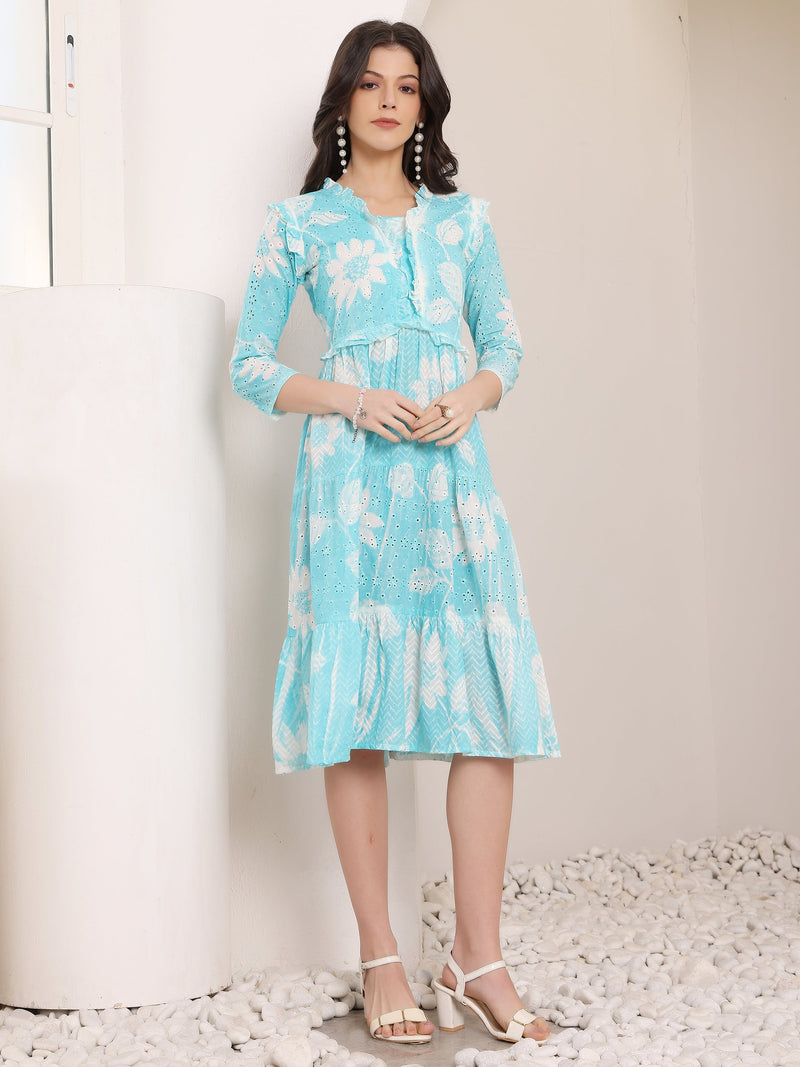 Cotton Schiffli Hand Printed Tiered A-Line Dress