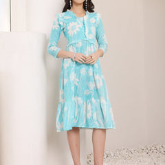 Cotton Schiffli Hand Printed Tiered A-Line Dress