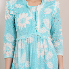 Cotton Schiffli Hand Printed Tiered A-Line Dress