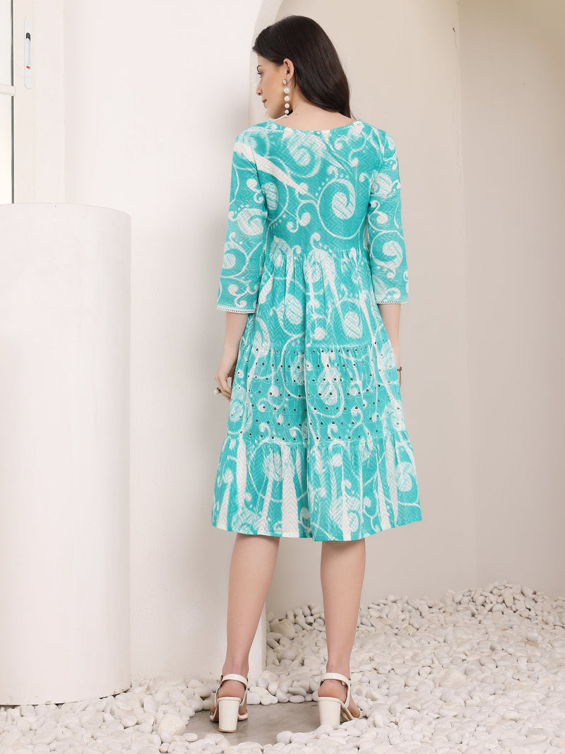 Cotton Schiffli Hand Printed Tiered A-Line Dress