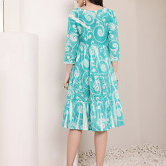 Cotton Schiffli Hand Printed Tiered A-Line Dress