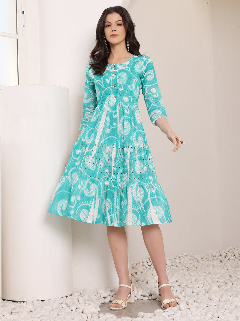 Cotton Schiffli Hand Printed Tiered A-Line Dress