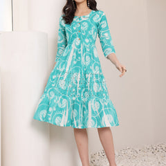 Cotton Schiffli Hand Printed Tiered A-Line Dress