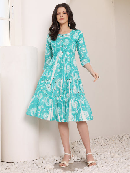 Cotton Schiffli Hand Printed Tiered A-Line Dress