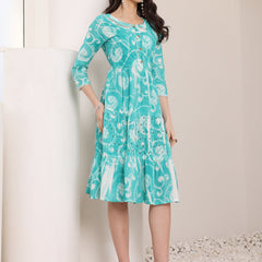 Cotton Schiffli Hand Printed Tiered A-Line Dress