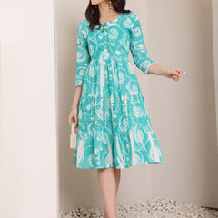 Cotton Schiffli Hand Printed Tiered A-Line Dress