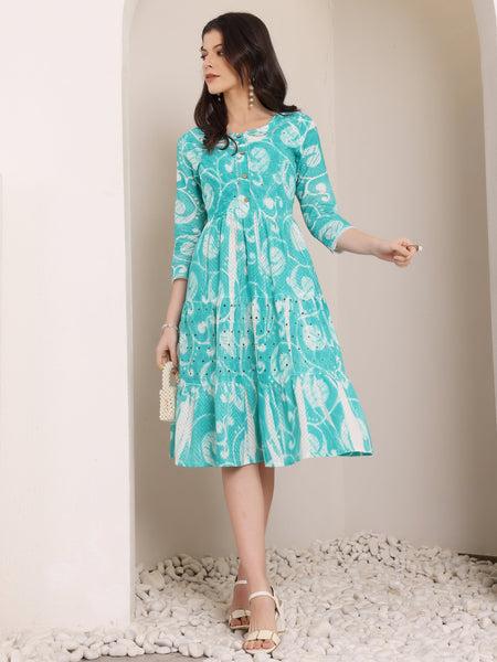 Cotton Schiffli Hand Printed Tiered A-Line Dress