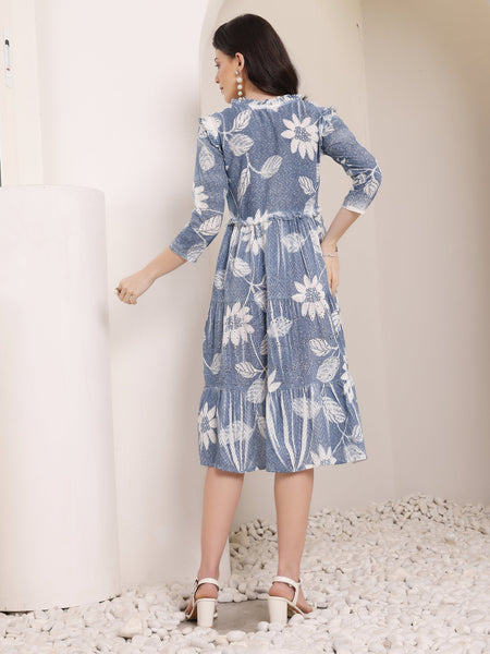 Cotton Schiffli Hand Printed Tiered A-Line Dress
