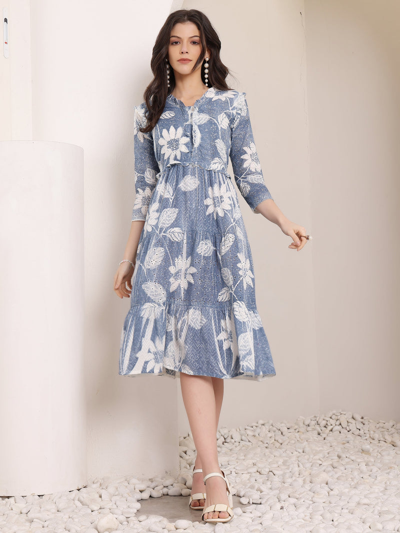 Cotton Schiffli Hand Printed Tiered A-Line Dress