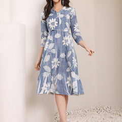 Cotton Schiffli Hand Printed Tiered A-Line Dress