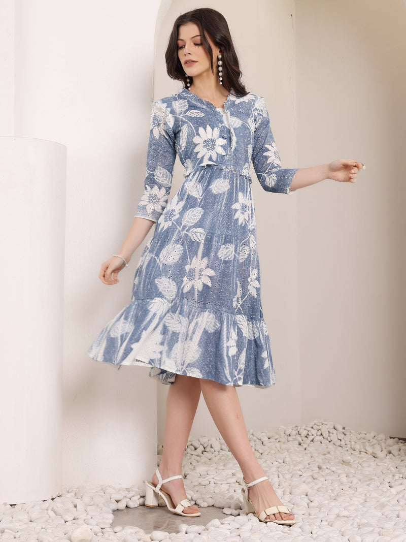 Cotton Schiffli Hand Printed Tiered A-Line Dress