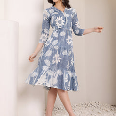 Cotton Schiffli Hand Printed Tiered A-Line Dress