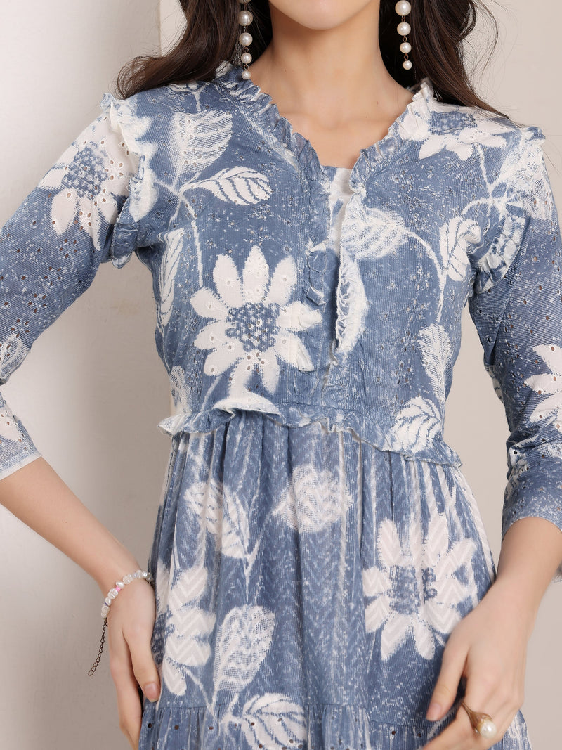 Cotton Schiffli Hand Printed Tiered A-Line Dress