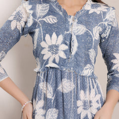 Cotton Schiffli Hand Printed Tiered A-Line Dress