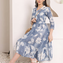 Cotton Schiffli Hand Printed Tiered A-Line Dress